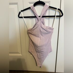 Aritzia Babaton Cross Neck Twist Halter Lavender Bodysuit